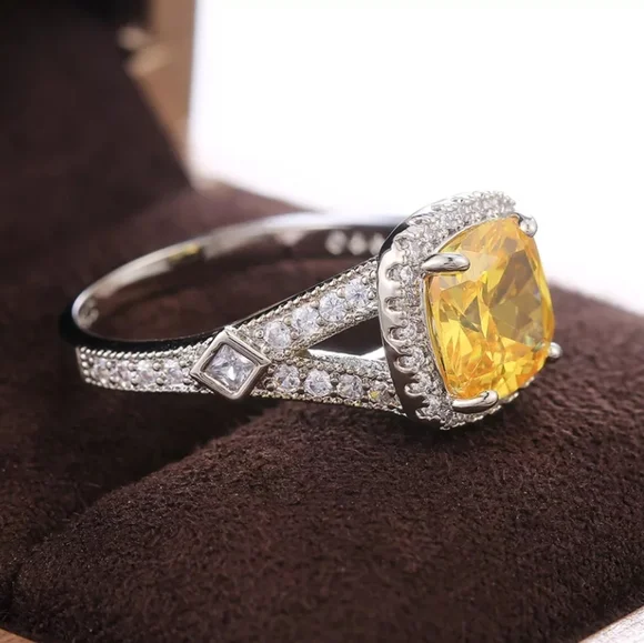 Trendy Silver Yellow Square Cut Diamond Ring - Picture 2 of 3
